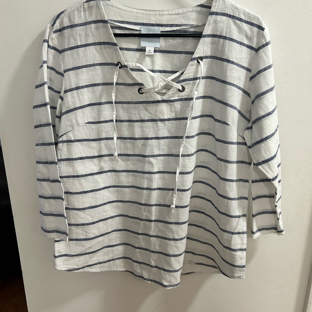 Sunday Stripes Lace Up V‎ Neck 3/4 Sleeve Casual Top Women Size Medium